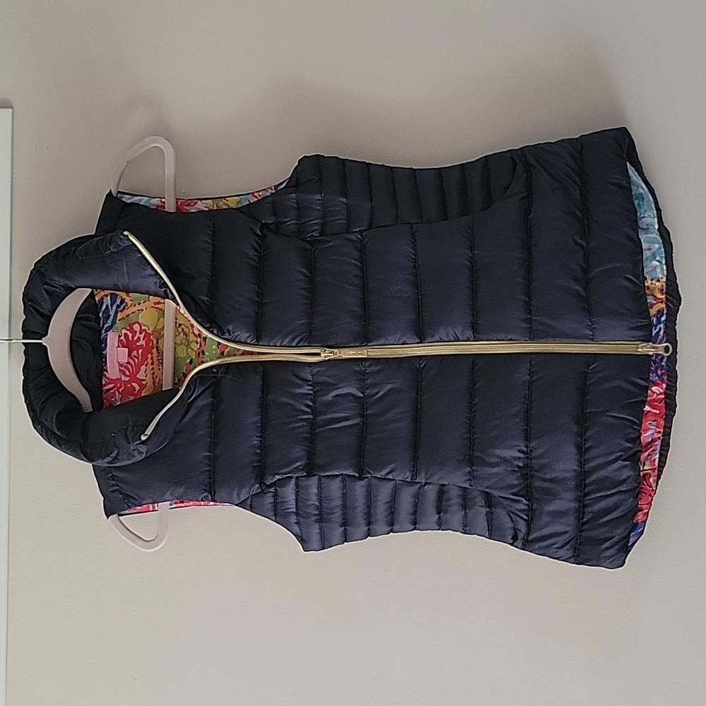 Lilly Pulitzer Navy Puffer Vest with Multicolor Floral Lining